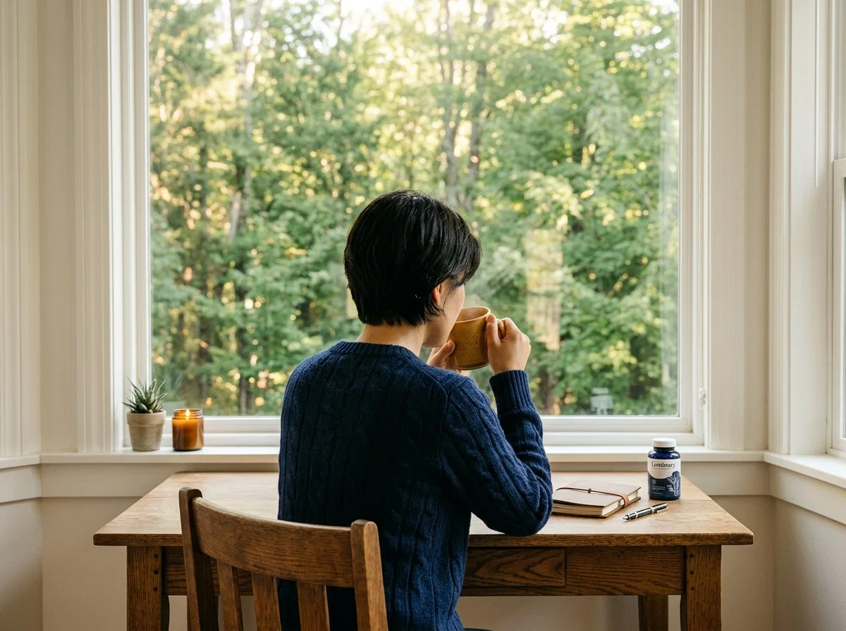 Anonym person sitter vid fönster och tittar ut