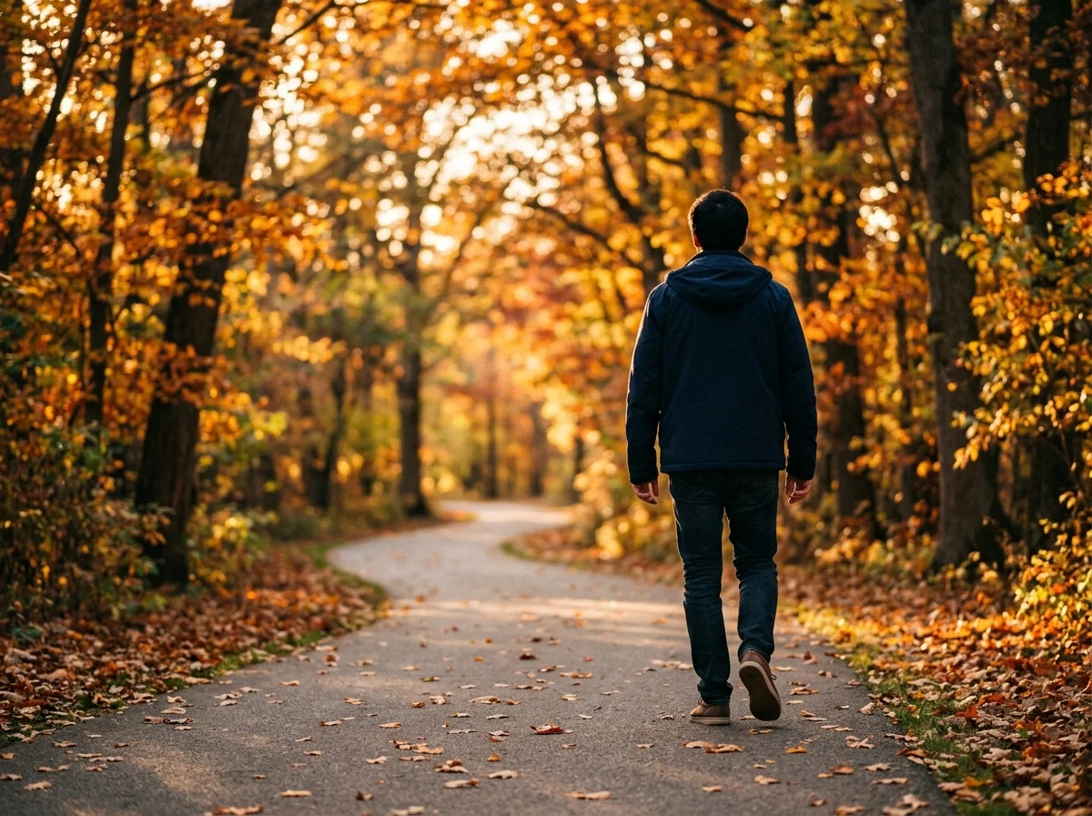 Anonym silhuett promenerar i solbelyst park